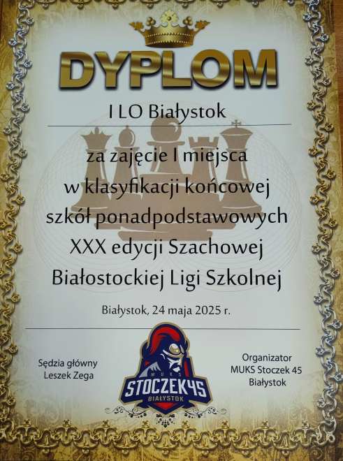 dyplom XXX Białostockiej Ligi Szachowej